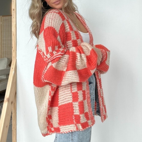 Plaid & Cozy Days Cardigan - Red Orange - Picture 6 of 9